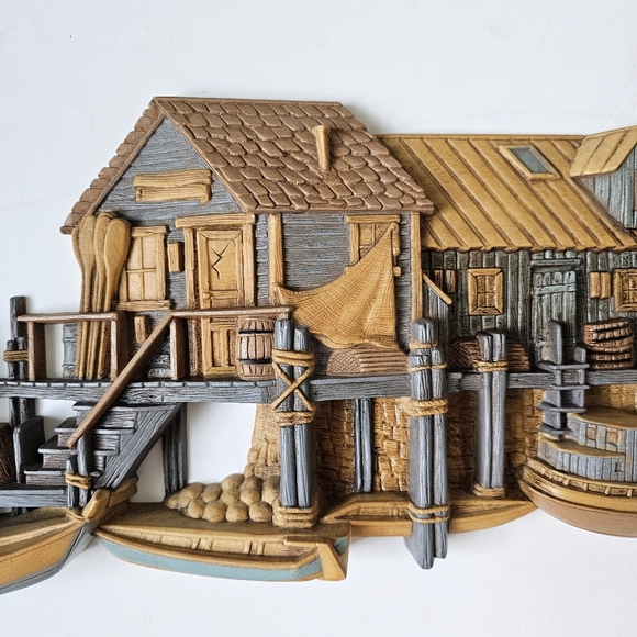 Pair of 1970's Burwood 3D Wall Hanging Seaside Vtg Set Fishing Wharf Boat Dock - Picture 8 of 16